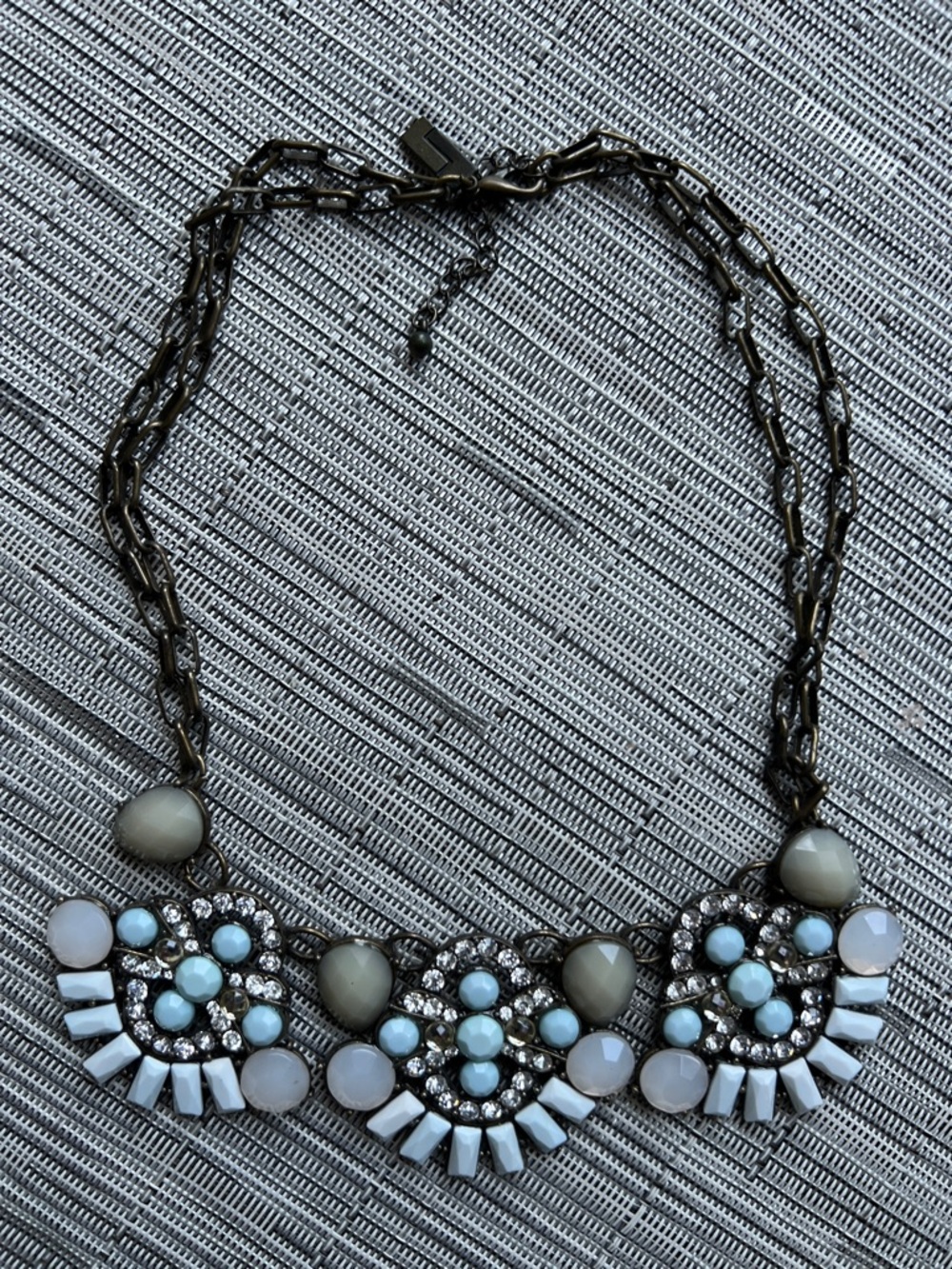 Boho Bib Style Faux Stone Blue Pink Brass Tone Statement Necklace